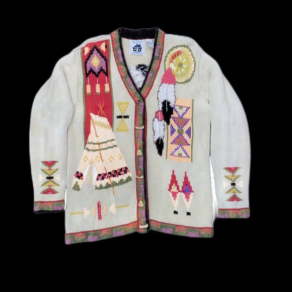 Storybook Knits Ramie Vintage Chief Native Western Cardigan Sweater, Size M - Picture 1 of 15